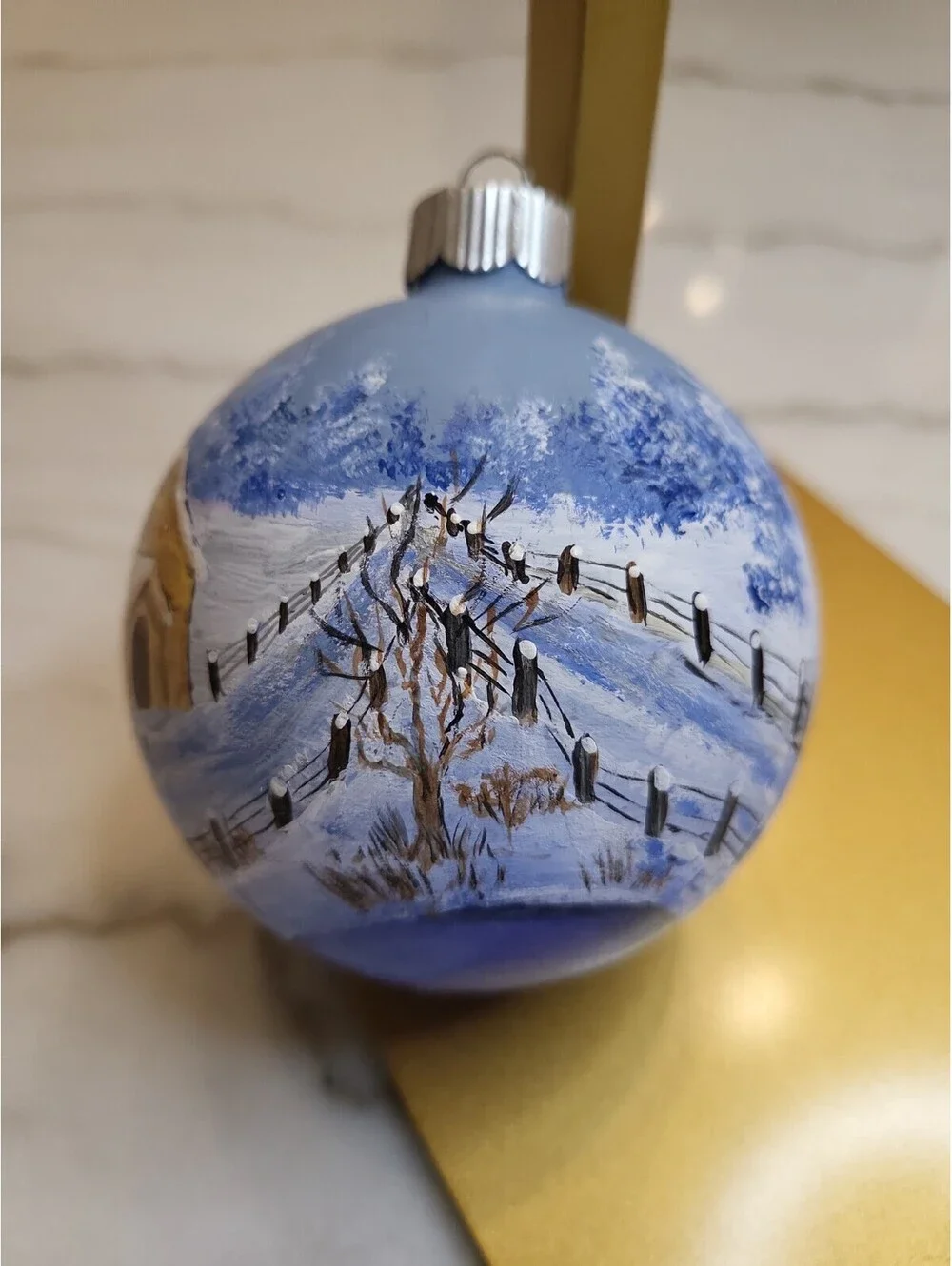 Vtg Glass Hand Painted Signed Ornament EUC Winter Snow Day Farm Scene 3.5” OOAK